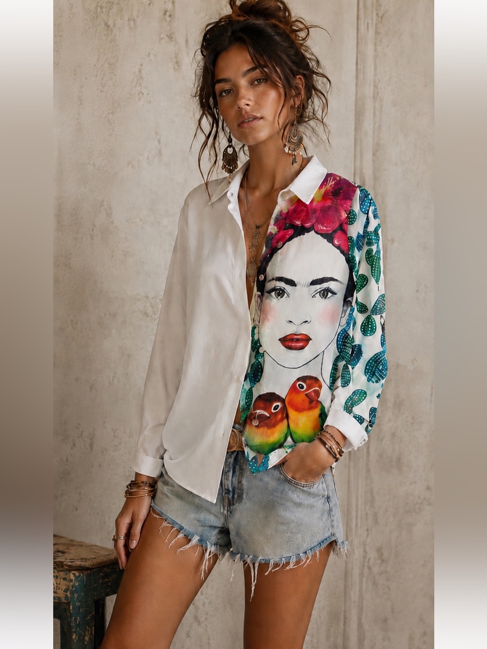 Art To Wear White Button Down Long Sleeve‎ Shirt  Tropical and Female Face.